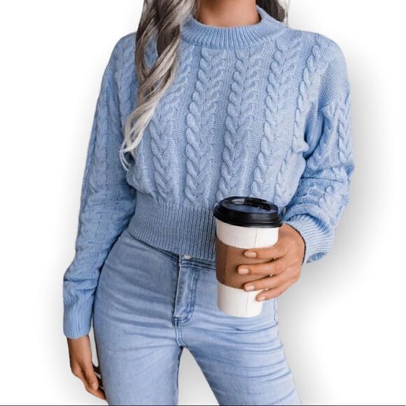 BABY BLUE OVERSIZED CROPPED CABLE KNIT CREW NECK SWEATER OS - Picture 2 of 9